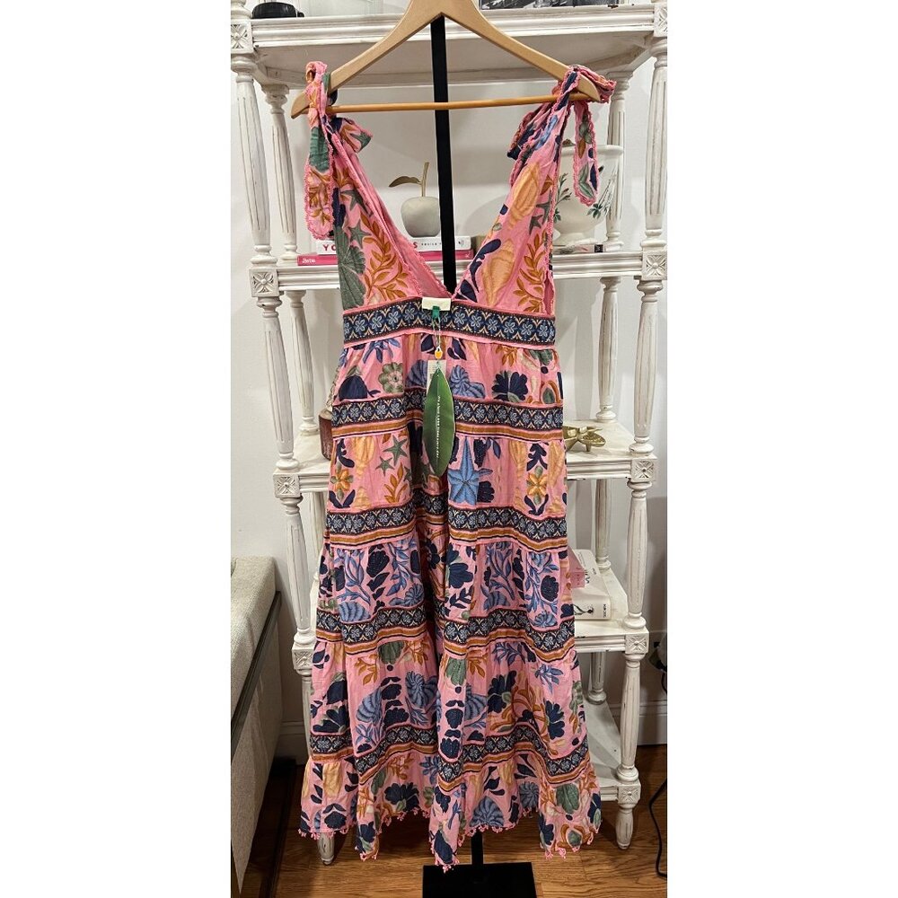 Farm Rio Pink Seashell Tapestry Tropical Tiered Lace Midi Dress Size Small - Picture 6 of 6